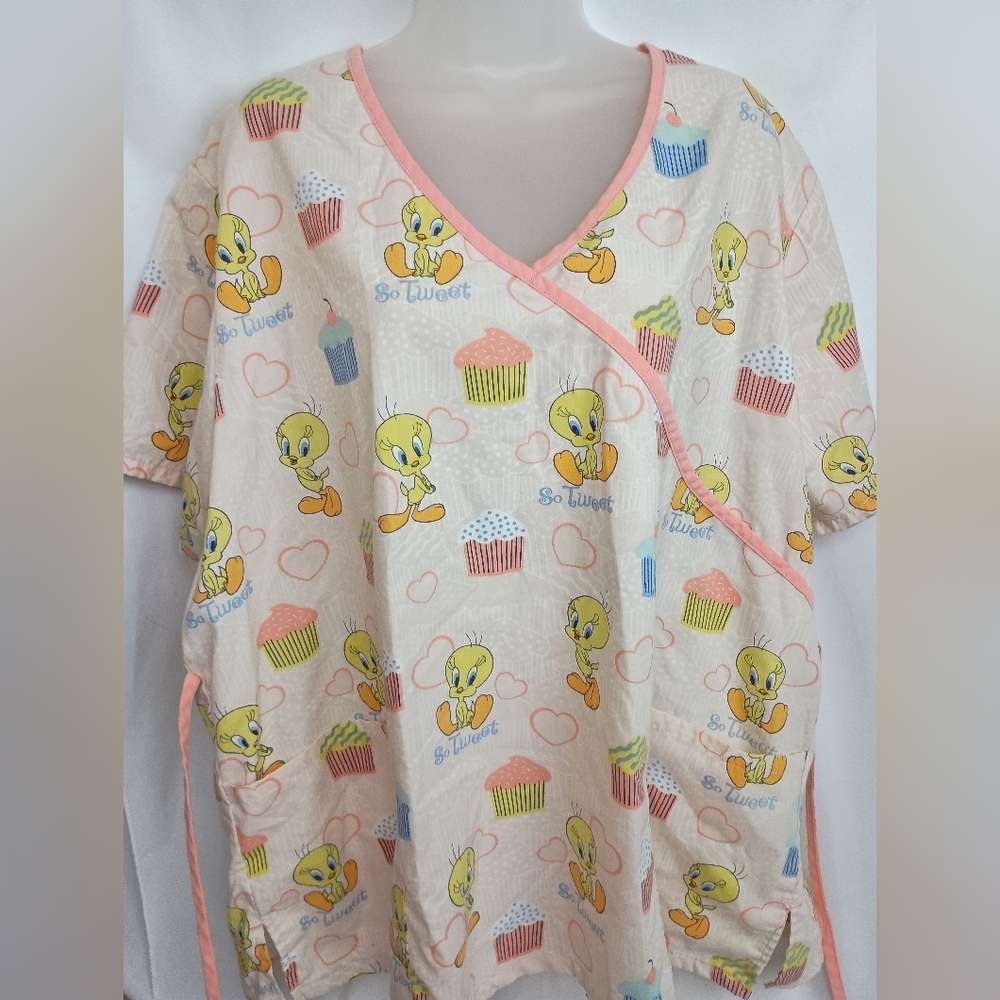 2/$30 Charming‎ Tweety Bird Women's Scrub Top- Cream and Pink (#1,324)
